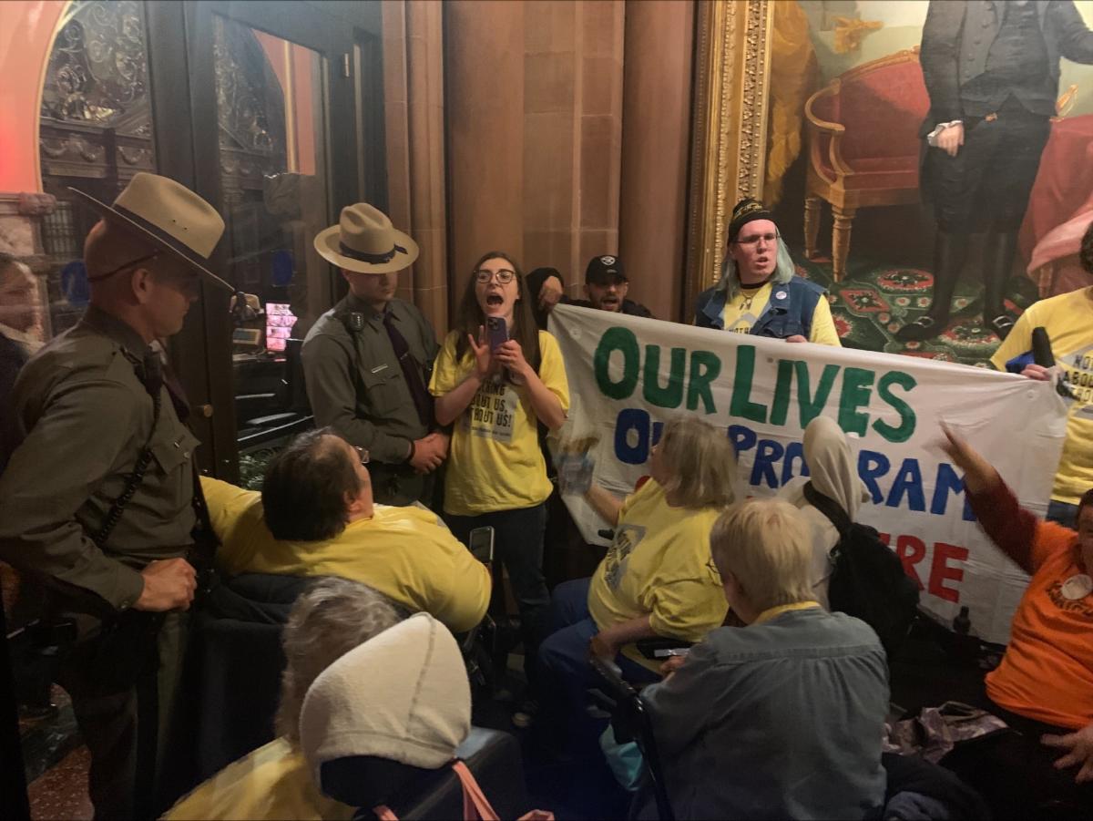 Older adults and disabled New Yorkers protested outside of Gov. Kathy Hochul's office after spending the night in the War Room.
