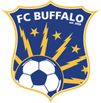 Circular FC Buffalo logo with blue soccer ball and stars on green background