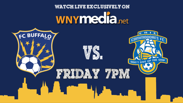 Graphic promoting a live soccer match on WNYmedia.net between FC Buffalo and Erie Commodores FC.