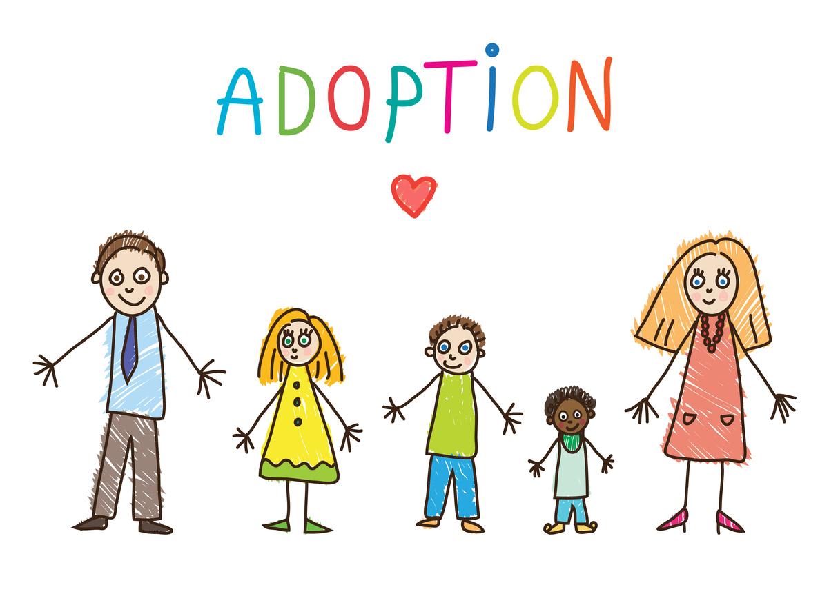 Cartoon children standing under the word “ADOPTION,” with a small red heart above.
