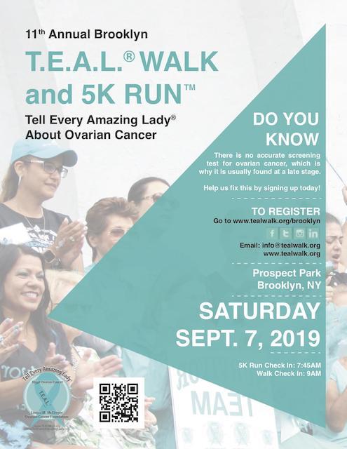 Promotional poster for the T.E.A.L. Walk and 5K Run with event details and date.