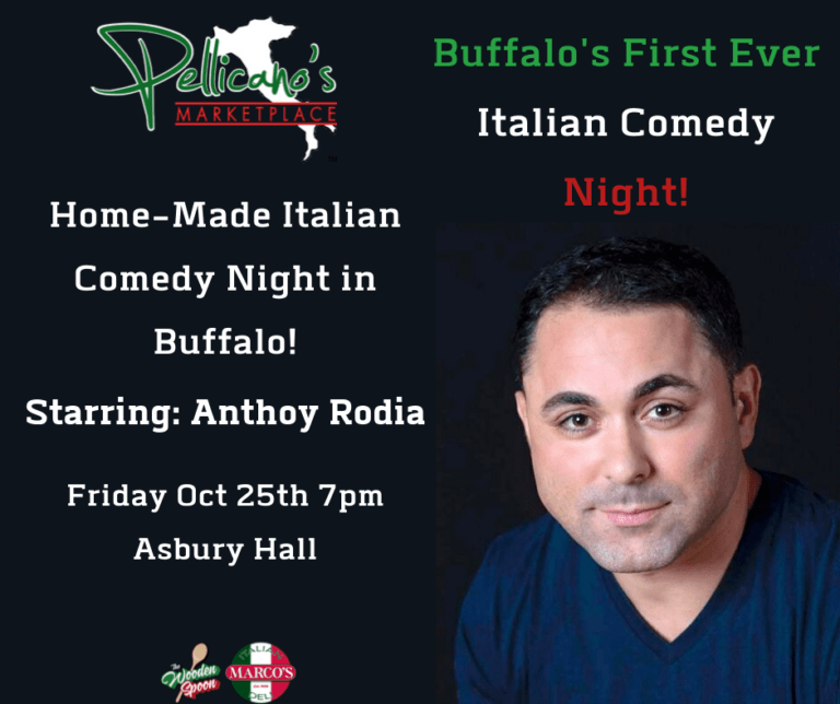 Promotional poster for Italian comedy night in Buffalo with a featured performer portrait