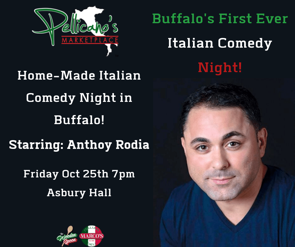 Promotional poster for Italian comedy night in Buffalo with a featured performer portrait