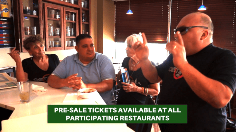 Four people sit and talk at a restaurant table with a green event text overlay.