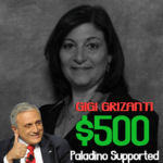 Split image with a portrait and overlaid text reading $500 and Gigi Grizanti.