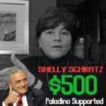 A woman speaking next to a graphic showing “SHRELY SCHRATZ” and “$500” with “Paladino Supported.”