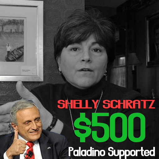 A woman speaking next to a graphic showing “SHRELY SCHRATZ” and “$500” with “Paladino Supported.”