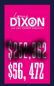 Pink campaign sign for Lynne Dixon with a raised amount: $25,062 and $56,414.