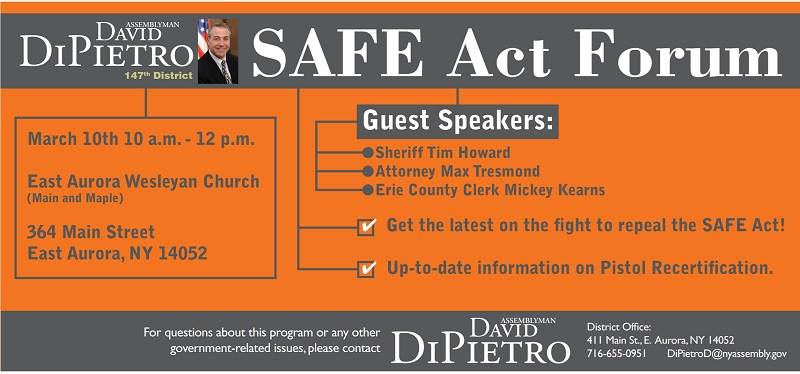 Orange flyer titled “SAFE Act Forum” with event details and guest speaker list.