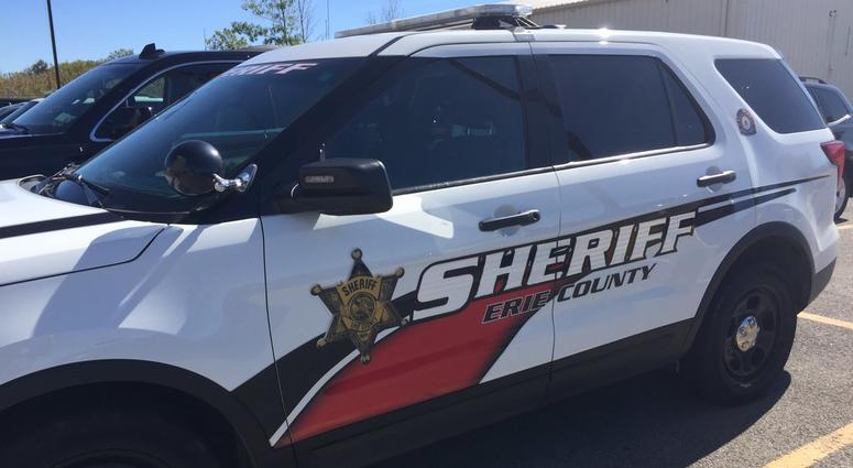 White patrol SUV with “SHERIFF” and “ERIE COUNTY” markings parked in a lot.
