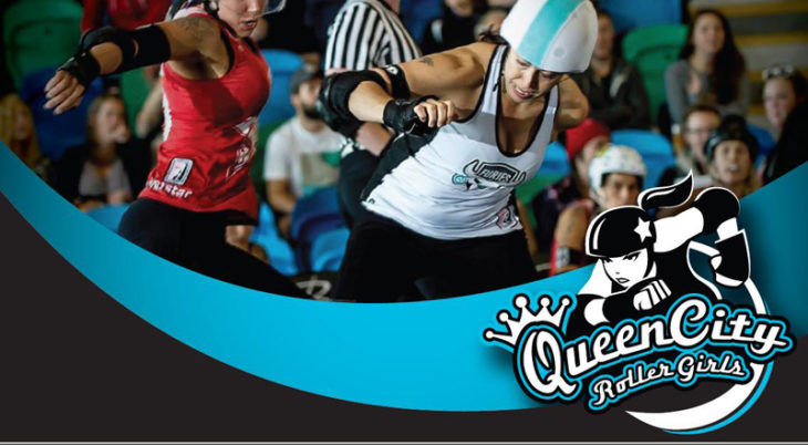 Two roller skaters lean forward during a bout beside a Queen City Roller Girls logo.