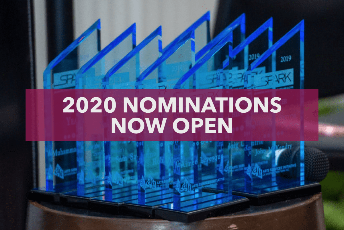 Maroon banner reads 2020 nominations now open over a blue award backdrop.