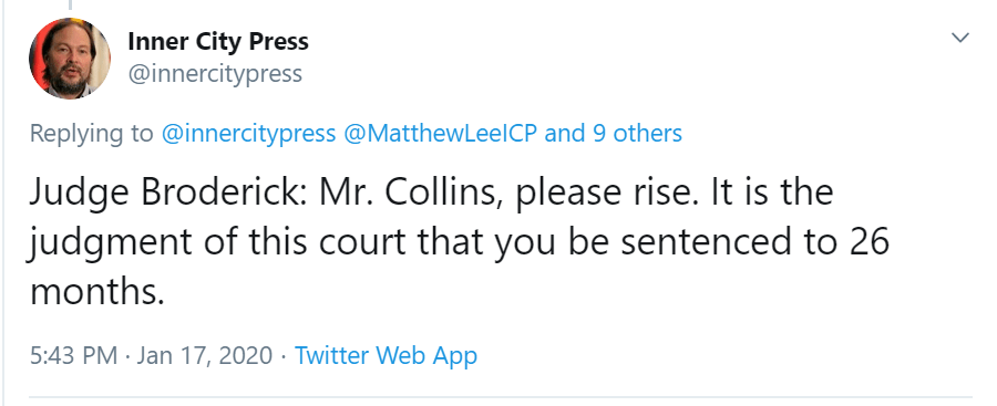 Screenshot of a tweet reading Judge Broderick tells Mr. Collins to be sentenced to 26 months.