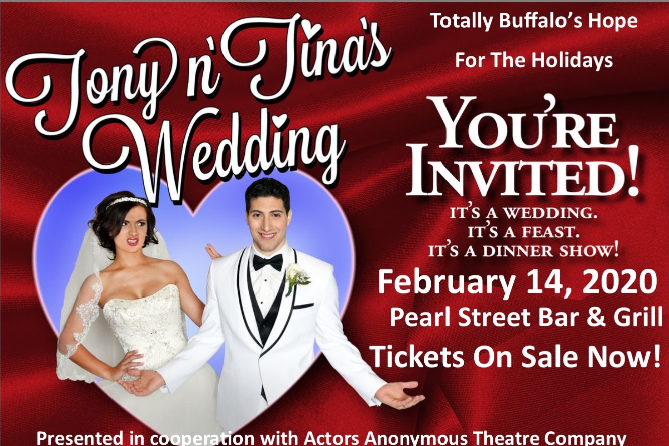 Promotional poster for Tony n Tina’s Wedding with couple in formalwear and event details.