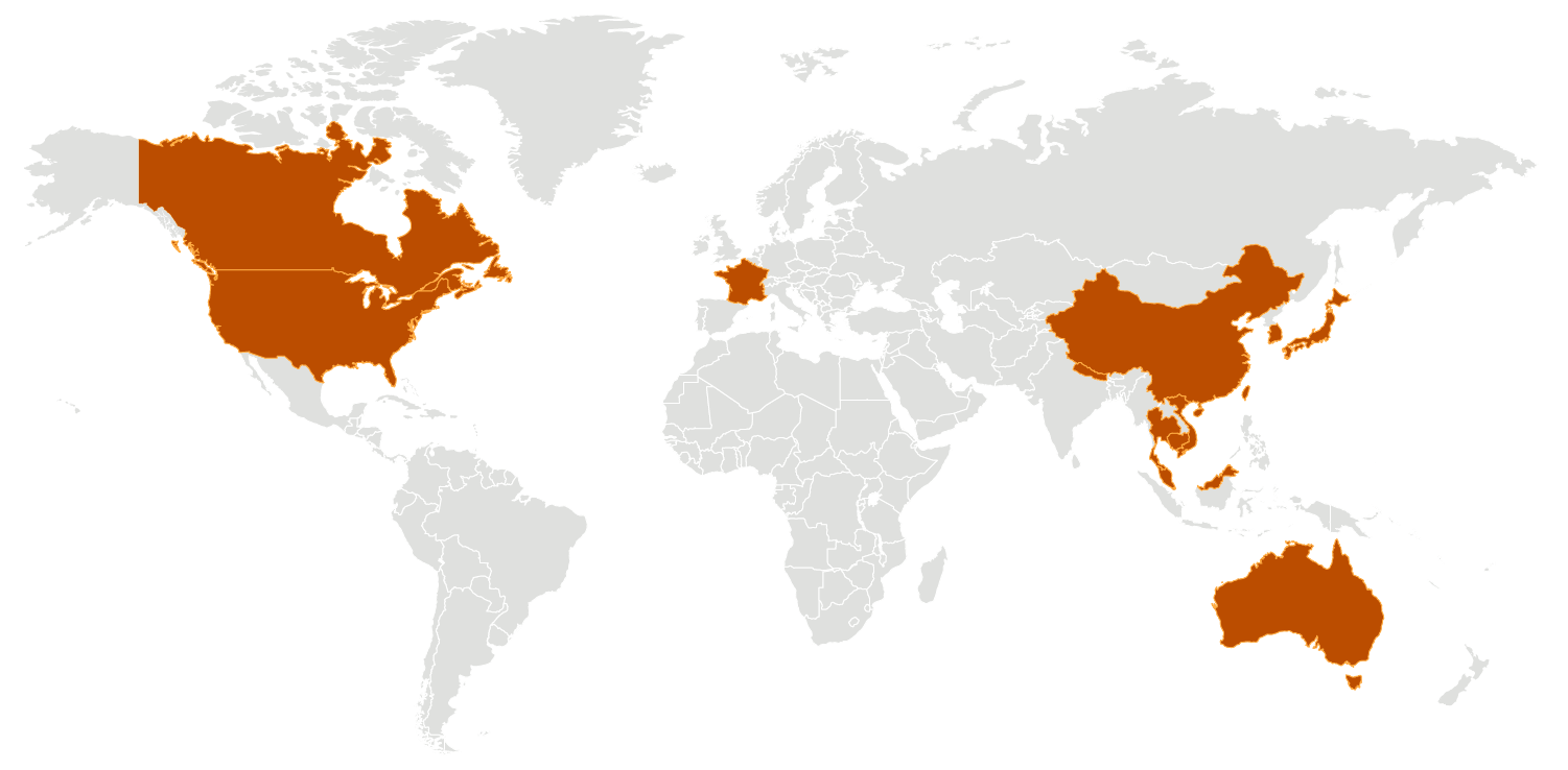 World map with orange-highlighted areas including parts of the United States