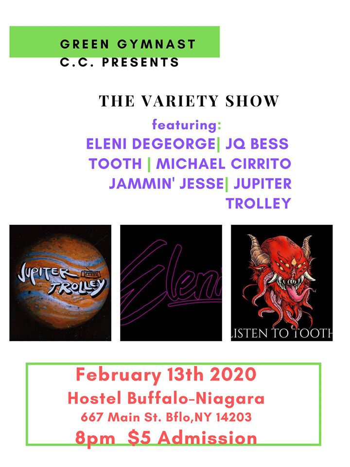 Promotional poster for The Variety Show with performers and a February 13, 2020 event listing.