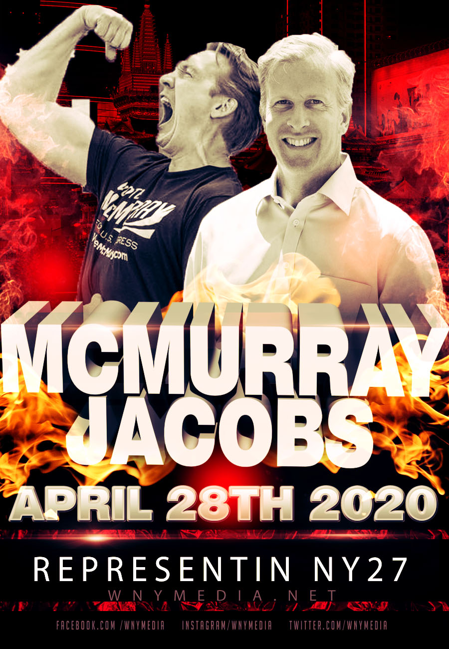 Campaign-style poster with two men and red skyline background, flames, and debate date text
