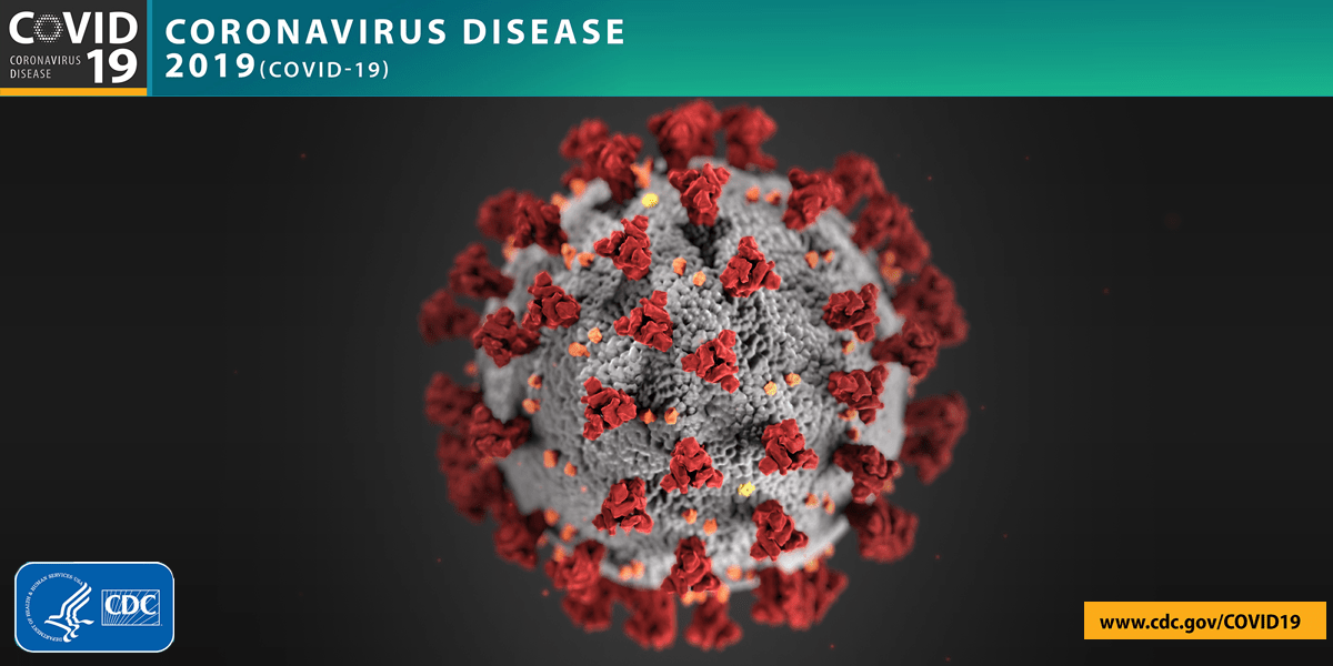 Color graphic of a COVID-19 virus particle with CDC and cdc.gov/COVID19 labels.