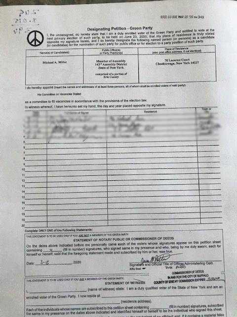 Document showing a petition form titled for the Green Party with handwritten and printed fields.