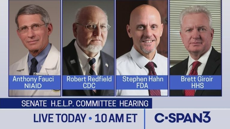 Four headshots with labels Anthony Fauci, Robert Redfield, Stephen Hahn, Brett Giroir; hearing live notice.