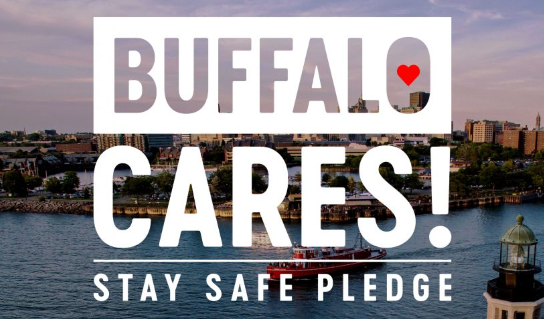 Buffalo Cares Stay Safe Pledge text overlay above a city skyline and waterfront.