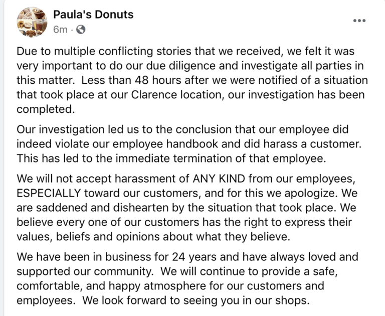 Screenshot of a written statement from Paula's Donuts about an investigation and actions taken.