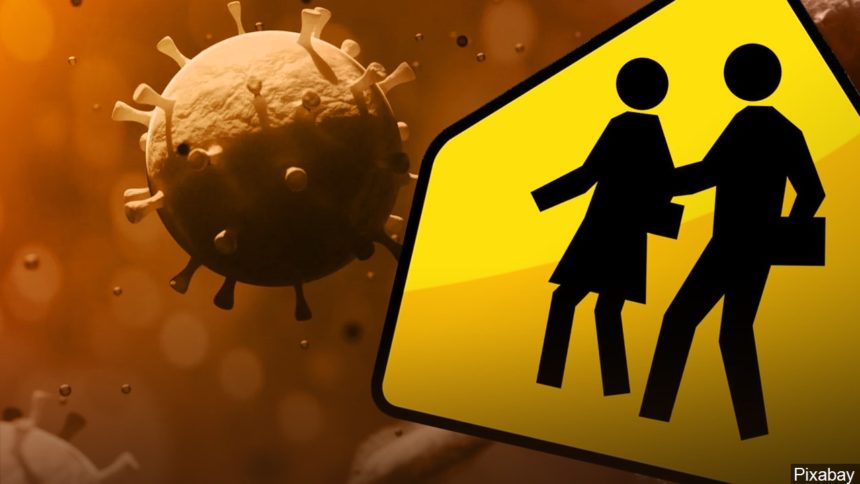 Yellow school-style caution sign with two figures beside a virus illustration