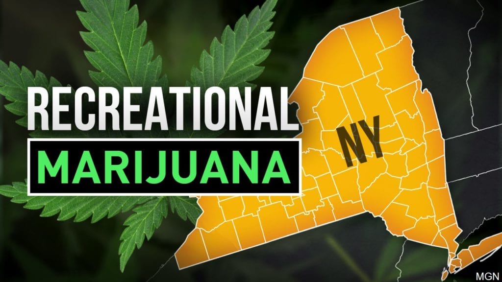 Graphic showing the state outline labeled “RECREATIONAL MARIJUANA” with green leaves.