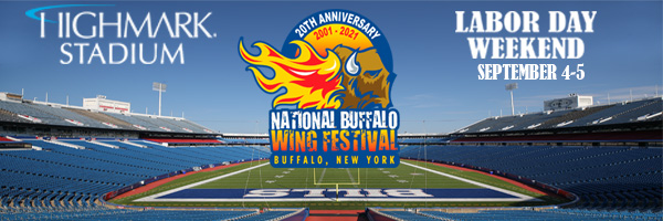 Highmark Stadium interior with a National Buffalo Wing Festival banner and Labor Day text.