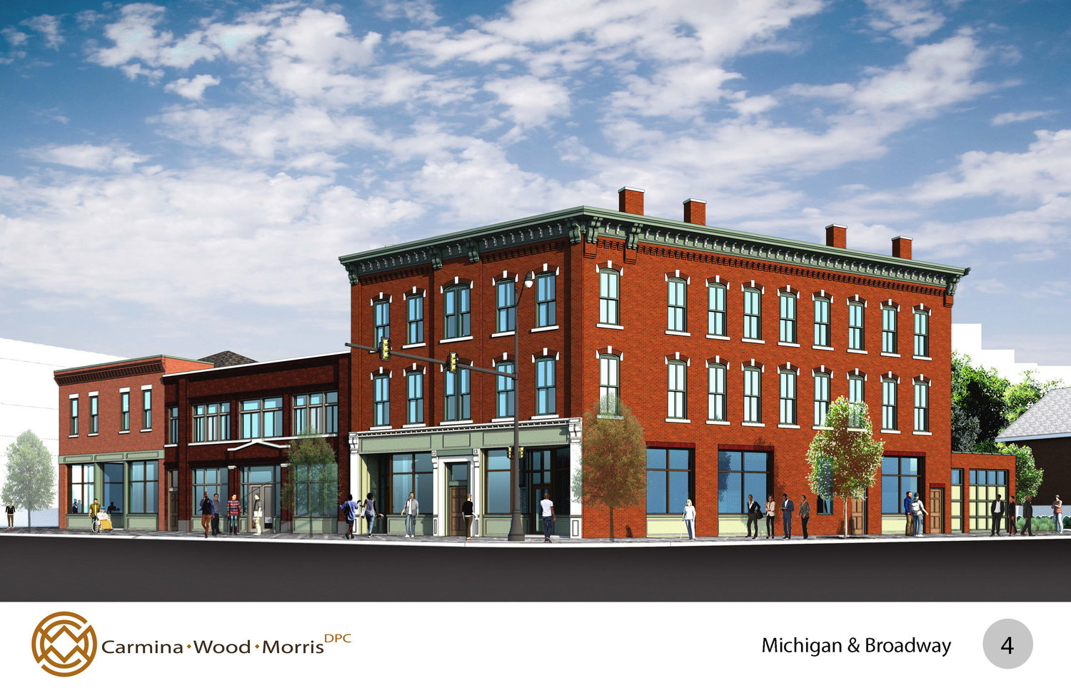 Illustration of a red-brick building with many windows and a sidewalk with people nearby