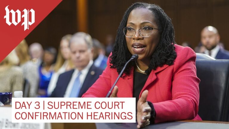 Person in a red blazer speaking at a hearing with a microphone; overlay reads day 3 supreme court confirmation hearings.
