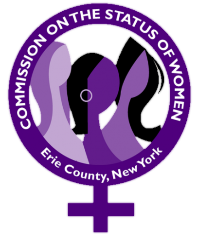 Purple circular logo reading “COMMISSION ON THE STATUS OF WOMEN” with a raised fist.