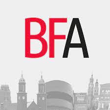 Red BFA letters over a city skyline with waterfront buildings and spires