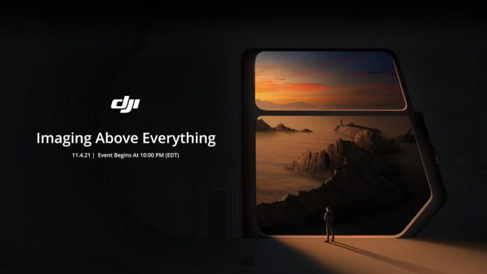 Promotional graphic for DJI event, featuring “Imaging Above Everything” and a person near a glowing phone screen.
