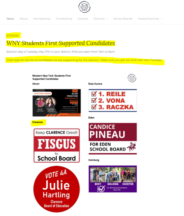 Screenshot of a flyer listing supported school board candidates with photos and checkmarks