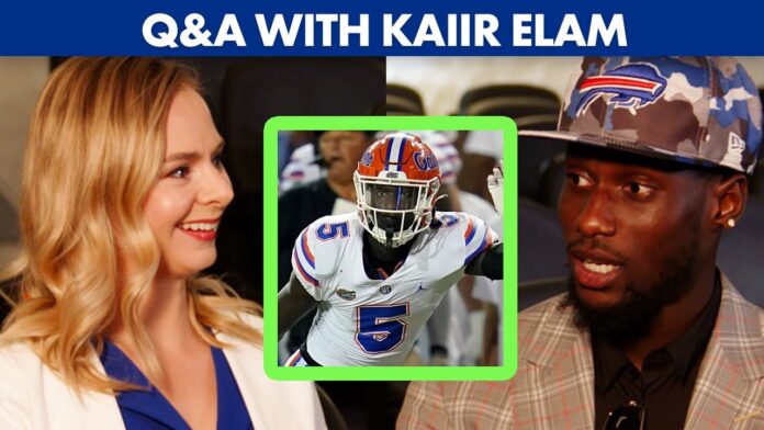 Promotional Q&A graphic showing a football player and two people; headline reads Q&A WITH KAIIR ELAM.