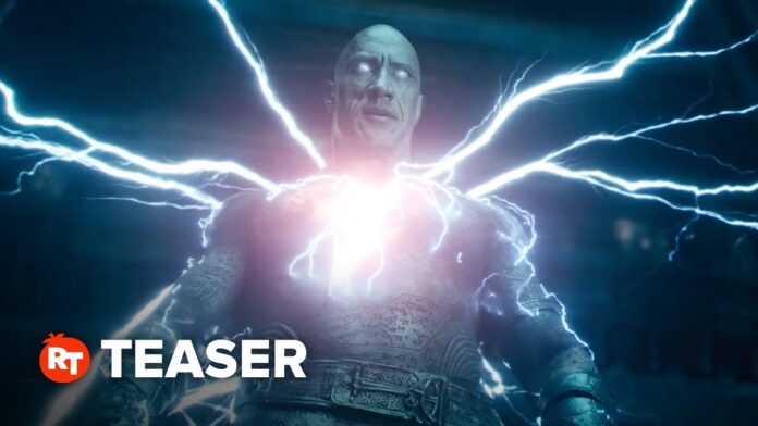 A bald superhero-like figure stands center frame with bright lightning bolts behind him.
