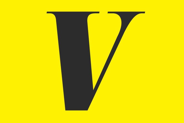 Large stylized black V with a yellow background.