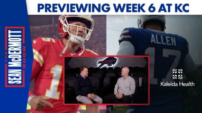 Bills-themed graphic with football players, two men seated, and the text 