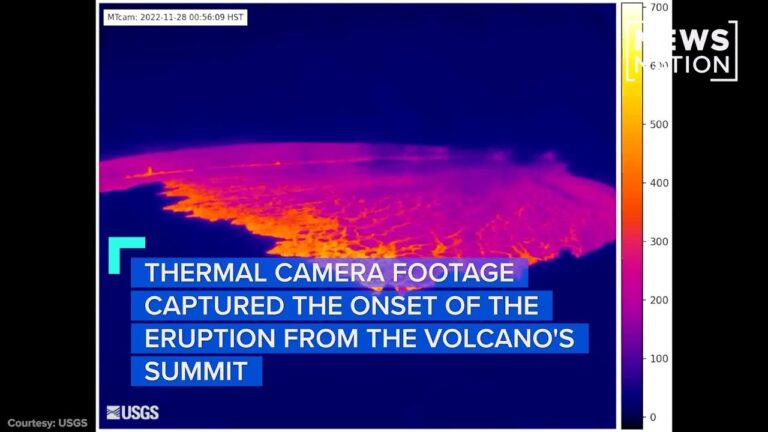 Thermal video frame shows bright eruption glow from a volcano summit ridge.