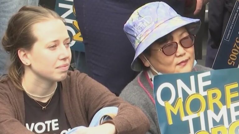 Two people at an early voting area, one wearing a hat and glasses holding a sign.