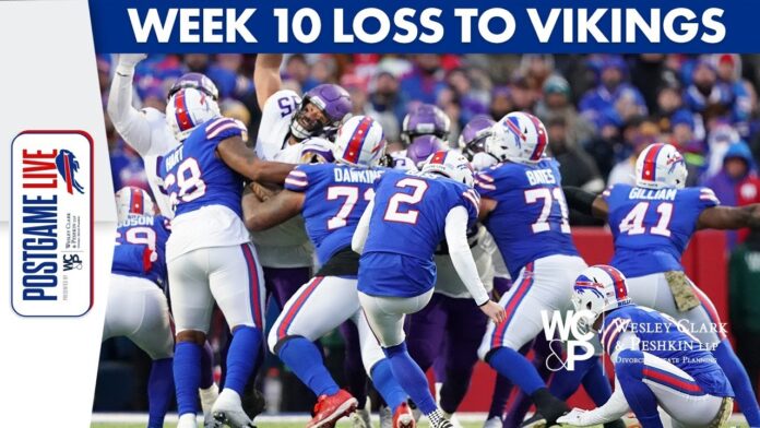 Buffalo Bills football players in blue and white during a game, with Week 10 header text.