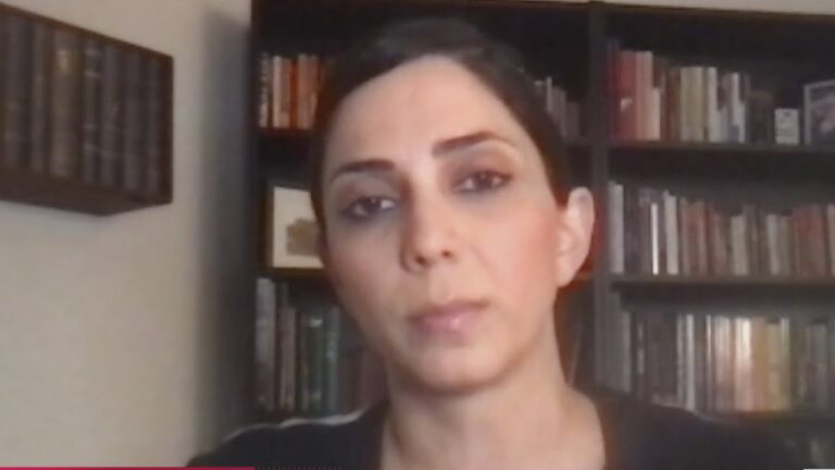 Person speaking during an interview, seated against a bookshelf background.