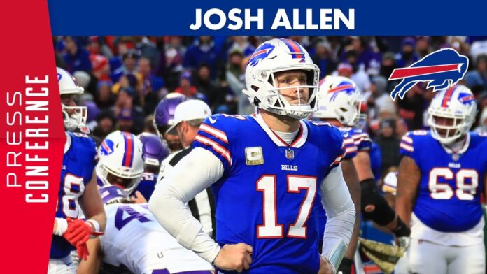 Josh Allen in a Buffalo Bills uniform with the number 17 on a football field.