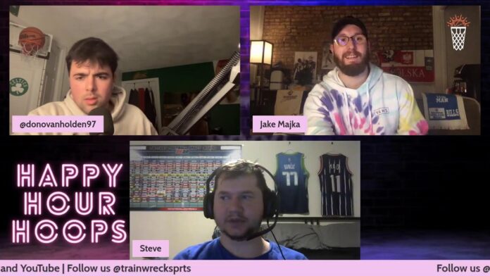Split-screen video call with three men wearing headsets and pink “Happy Hour Hoops” text.
