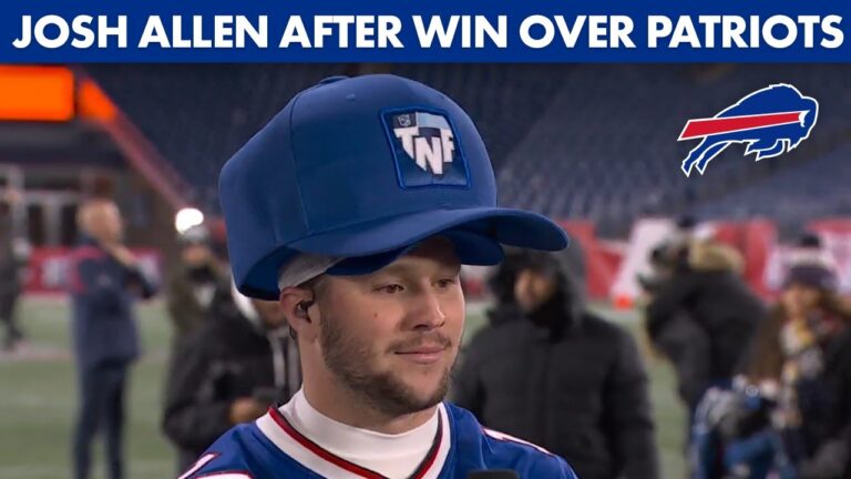 Josh Allen wearing a blue Bills cap on the field with a Patriots logo graphic.
