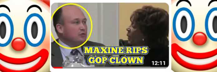 Television news screenshot with circled man and text “MAXXINE RIPS GOP CLOWN.”