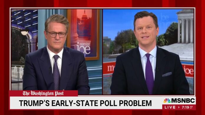 Two anchors on MSNBC talk show sets with a banner reading Trump’s early-state poll problem.