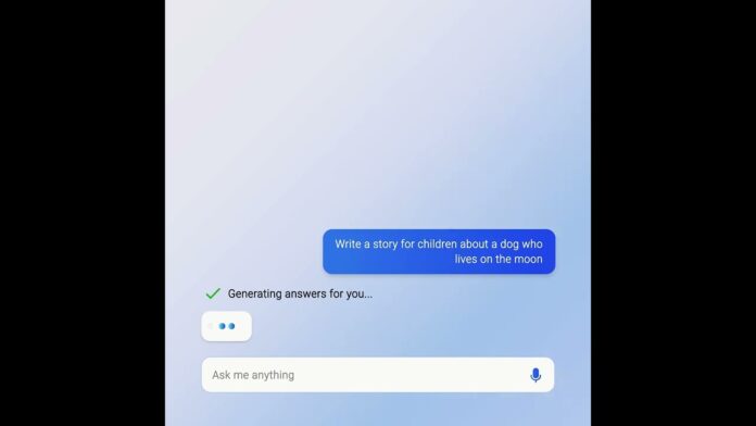 Screen shows a chatbot prompt: write a story for children about a dog on the moon.