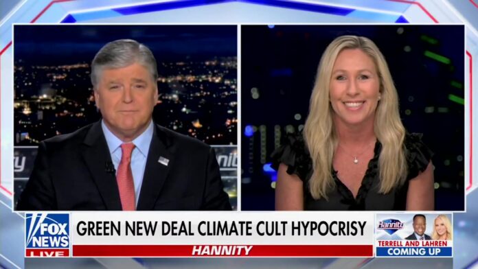 Split-screen shows two news anchors with a “Hannity” banner below.